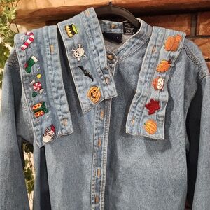 Vintage 90s Argee Denim Shirt Size Medium Interchangeable Collar Festive